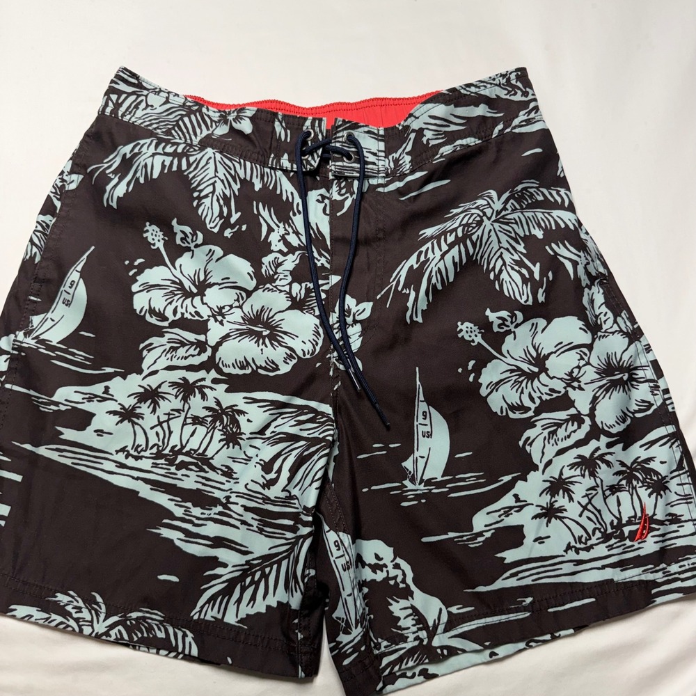 Nautica Mens Medium Brown Blue Tropical Hibiscus Sailboat Swim Trunks Shorts